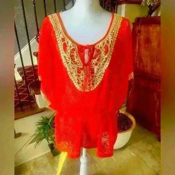 Lola B orange and cream swimsuit cover up. Silver studded in front. NWOT. Large. - Picture 3 of 13